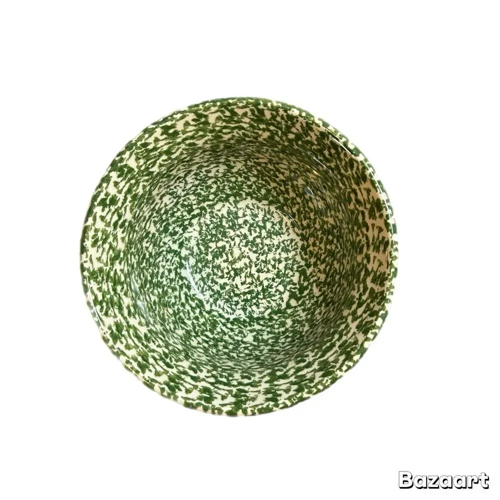 Henn USA Roseville Ohio Green Spongeware 2qt Ribbed Stoneware 8”Mixing Bowl